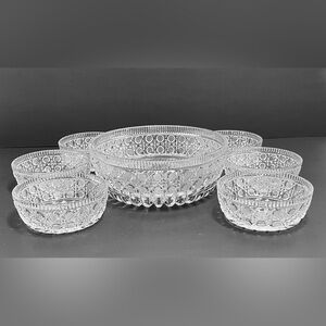 Vtg German 24% Lead Crystal Bowl 6 Serving Bowls Saw Tooth Rim Fan Cut Cane Cut